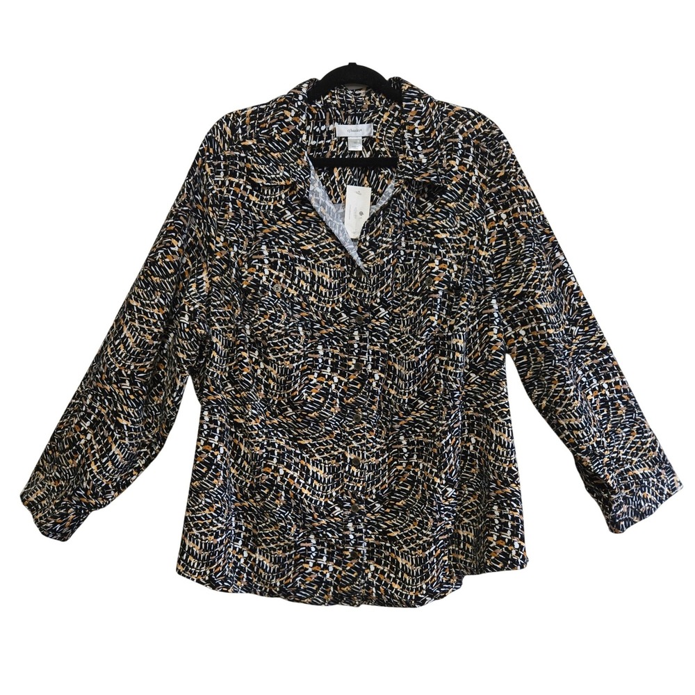 CJ Banks 3X Cotton Corduroy Button Down Shirt Abstract Print Black Yellow NWT